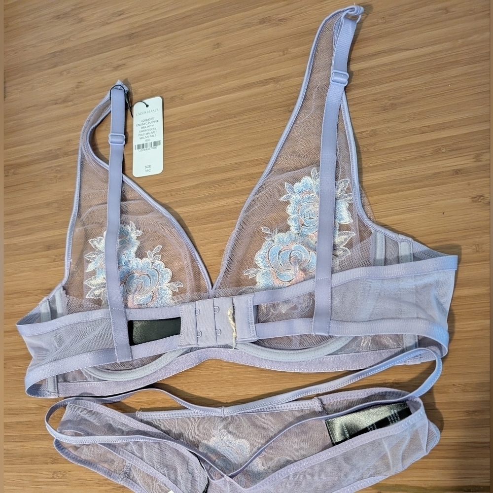 NWT Understance Plunge Unlined Bra Thong Set 34C Medium Mauve Floral Embroidered - Picture 6 of 7